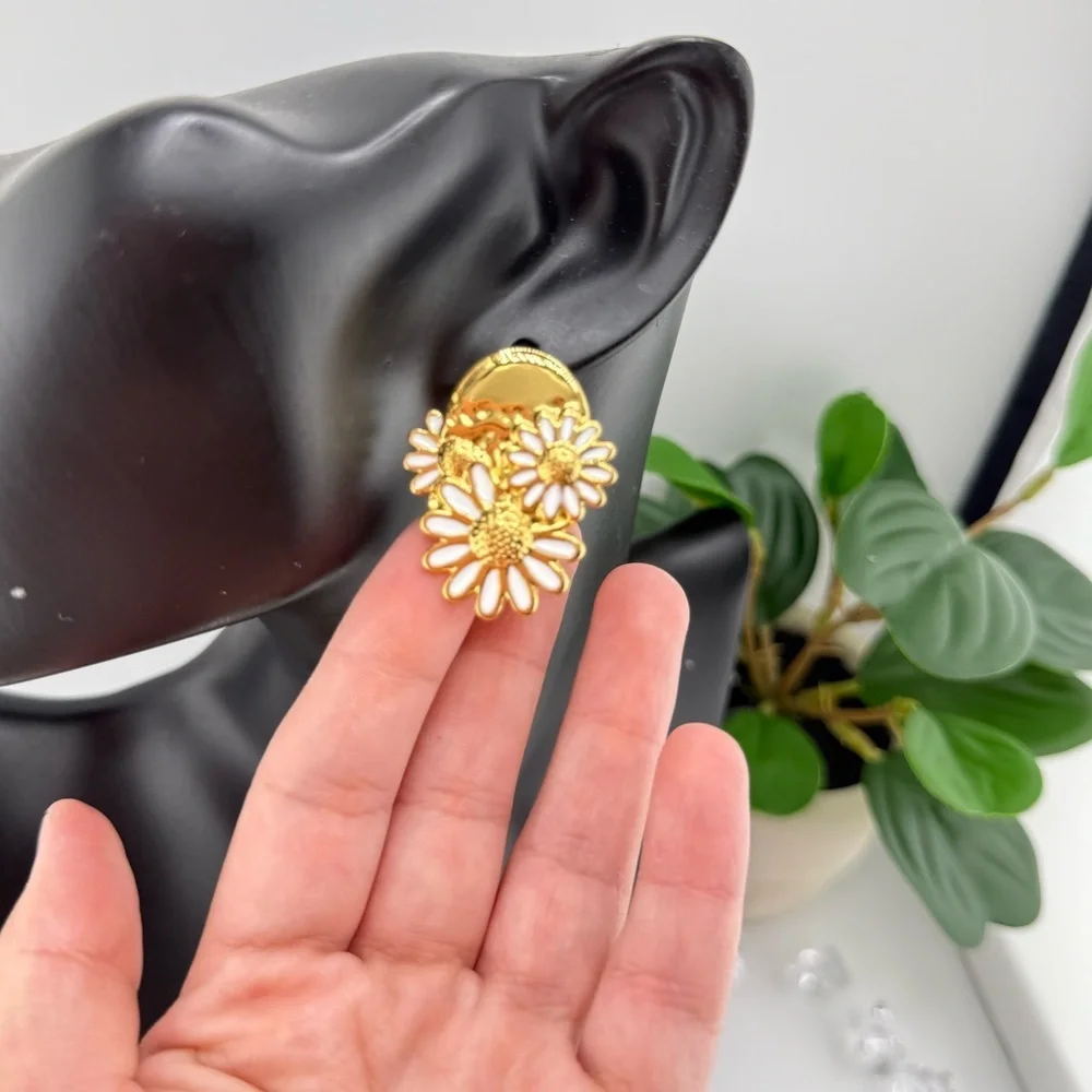 Gold Daisy Statement Earrings – Enamel Floral Drops | PVD Real Gold Plated - Picture 10 of 11